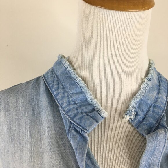 CLOTH & STONE Anthropologie Blue High Low Fringe Hem Chambray Button Shirt Dress - Picture 6 of 16
